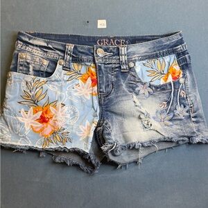 Grace Juniors Floral Jean Shorts - Size 26 Blue and Orange